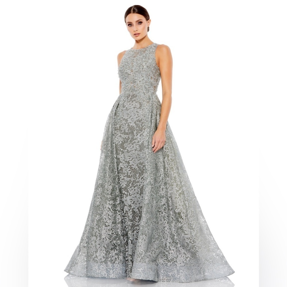 Mac Duggal 20112 NWOT Gray Beaded Lace Overskirt Dress